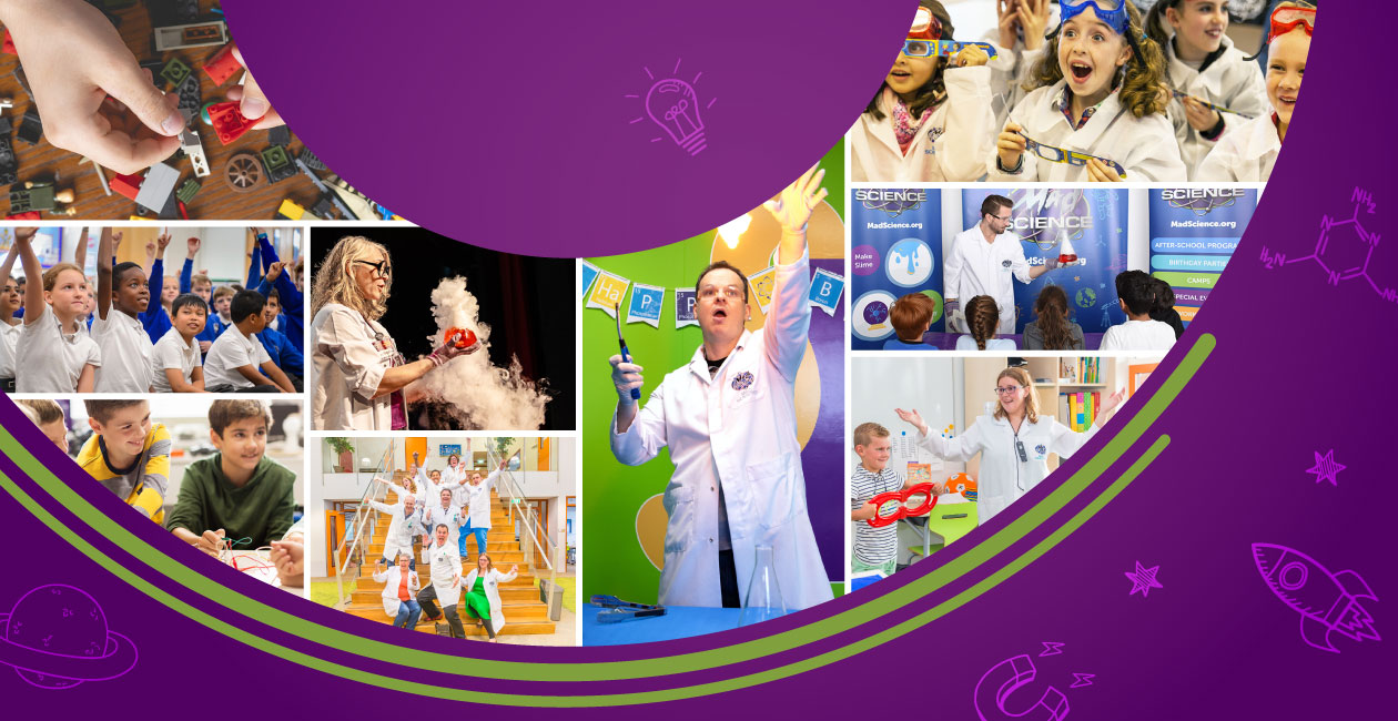 A collage of images showcasing Mad Science experiences, like slime, dry ice, plasma balls, and more.